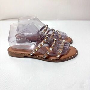 Steve Madden Sandals Womens 8 Lowell Tan Silver Studded Strappy Casual S…